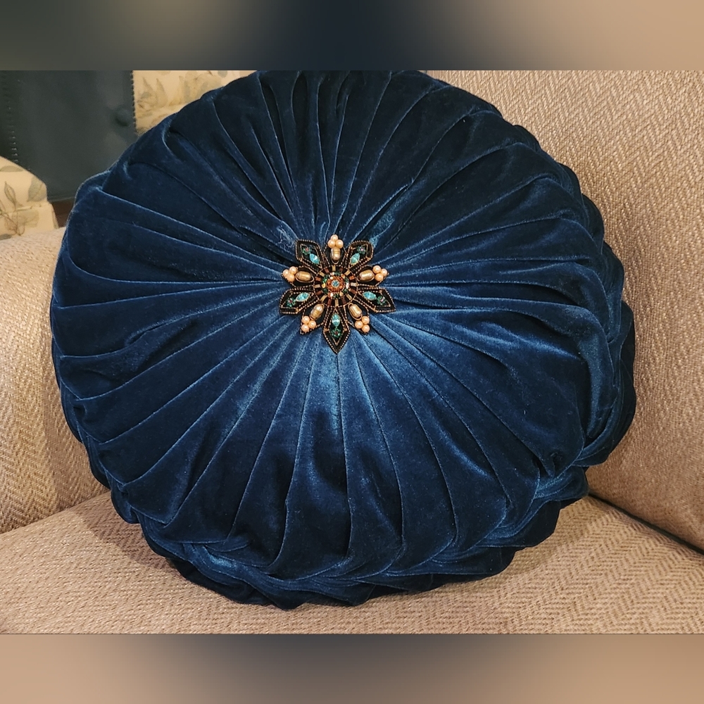 Vintage blue velvet pillow  with beaded embellishment